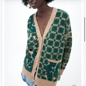 VGUC ZARA PRINTED KNIT JACQUARD BUTTON CARDIGAN SWEATER BEIGE GREEN SZ M